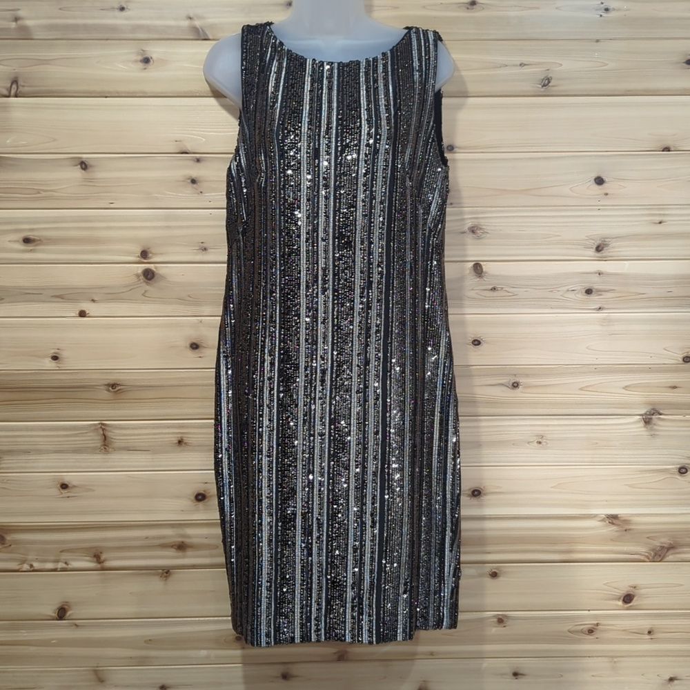 Lauren Ralph Lauren Dress Womens 8 Black Jordinia Sequin Stripe Cocktail Sheath